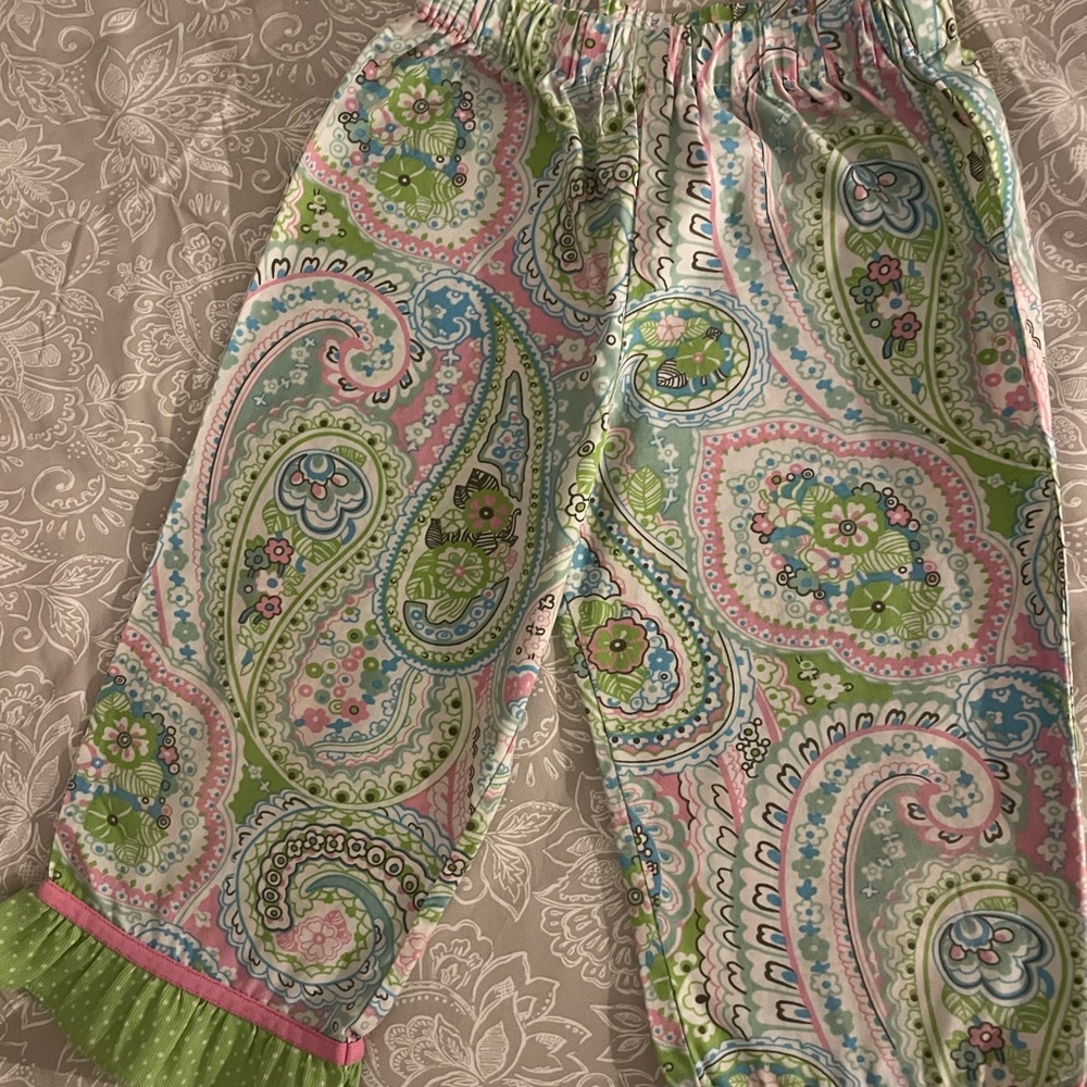 Girls Size 4T 100% Cotton Paisley Ruffle Pants | Pink & Green - Picture 3 of 6